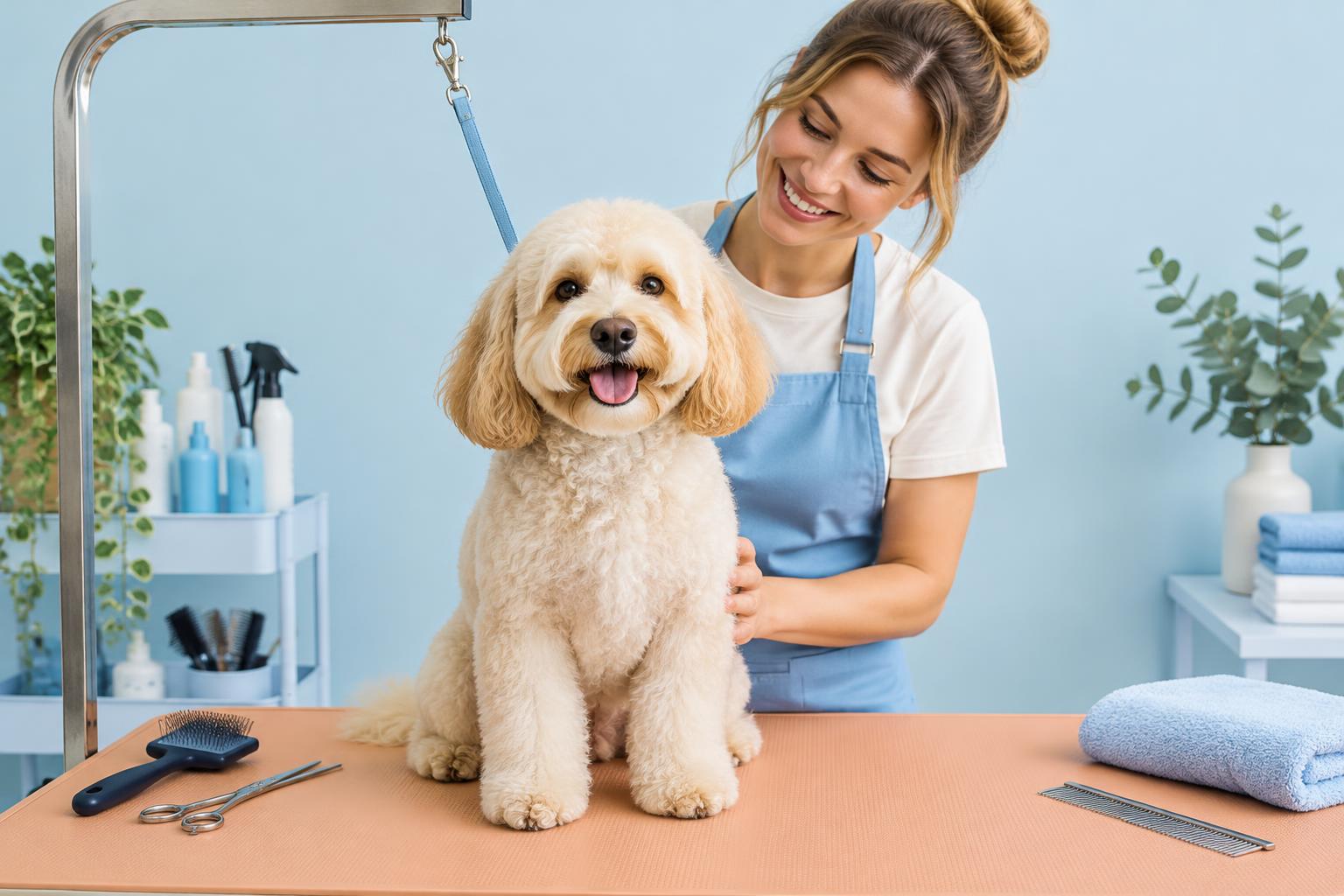 Perro de pelo rizado y peluquera canina en un estudio luminoso